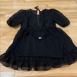 Wilfred Sheer Black Mini Dress with Puff Sleeves